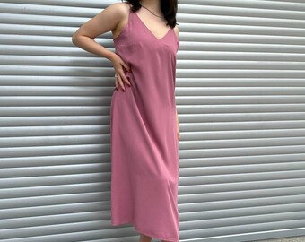 Cotton summer maxi dress, casual linen open back dress, backless slip dress , pink cotton midi dress