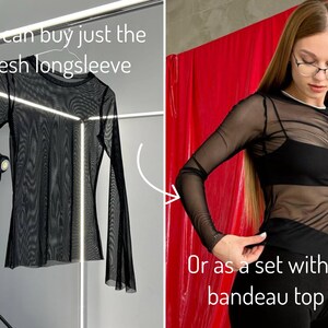 Mesh sleeves black top, long sleeve see through top, fitted mesh panel sleeves top, slim fit sheer black top, transparent sheer mesh top