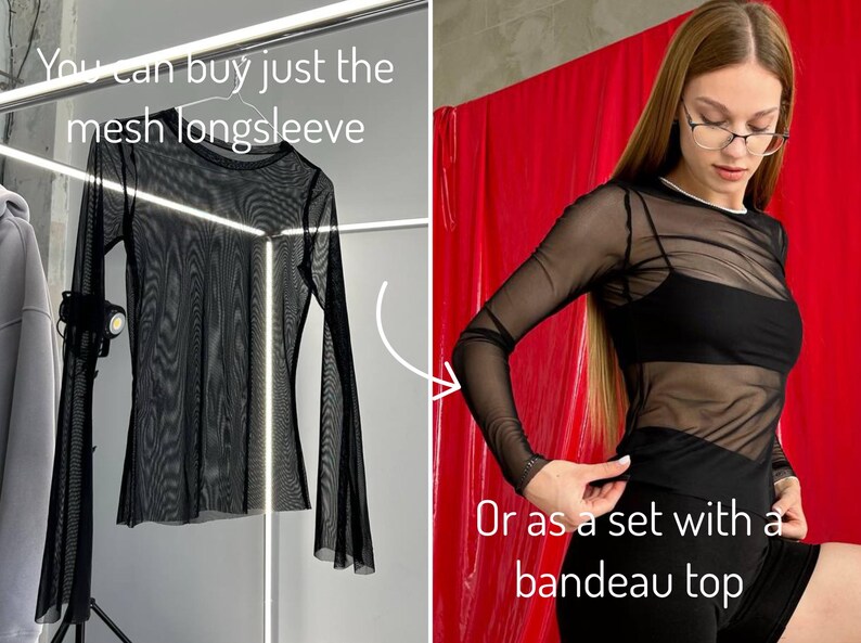 Mesh sleeves black top, long sleeve see through top, fitted mesh panel sleeves top, slim fit sheer black top, transparent sheer mesh top