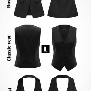 May include: A collection of three black vests: a business vest with buttons and pockets, a classic vest with a V-neck and buttons, and a corset vest with a buckle. The vests are displayed on a white background.