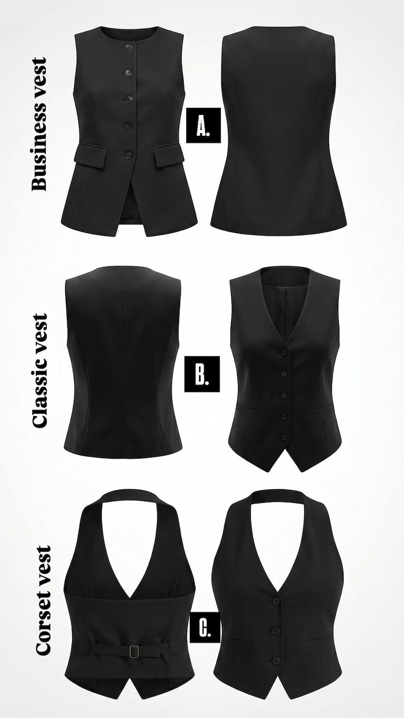 May include: A collection of three black vests: a business vest with buttons and pockets, a classic vest with a V-neck and buttons, and a corset vest with a buckle. The vests are displayed on a white background.