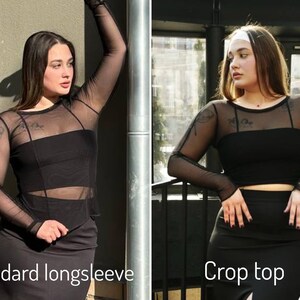 Mesh sleeves black top, long sleeve see through top, fitted mesh panel sleeves top, slim fit sheer black top, transparent sheer mesh top