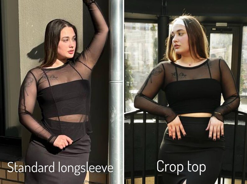 Mesh sleeves black top, long sleeve see through top, fitted mesh panel sleeves top, slim fit sheer black top, transparent sheer mesh top