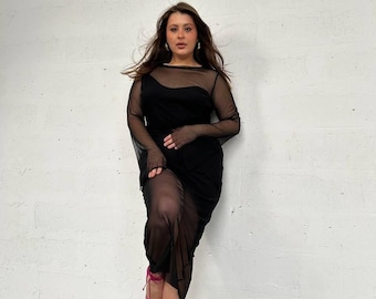 Transparent open back dress, black sheer mesh dress, fishnet see through dress,elopement goddess reception dress, asymmetrical dress