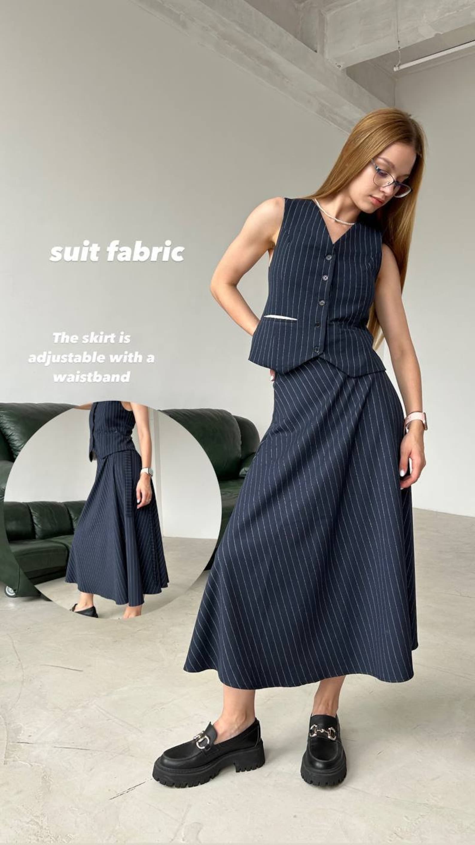 Navy Blue Striped Co-Ord Set Skirt