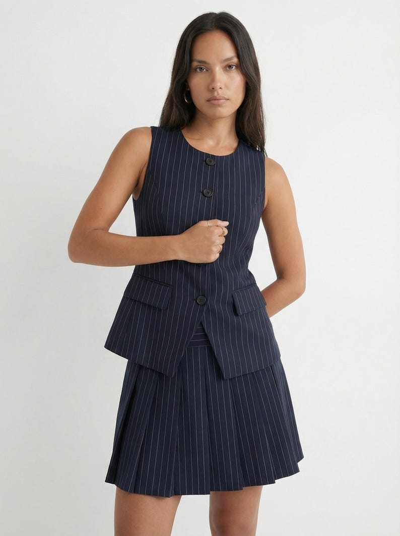 May include: Navy blue pinstripe vest with matching pleated skirt. The sleeveless vest features a button-up front and two small pockets. The skirt has a pleated design. The outfit is a classic business style.