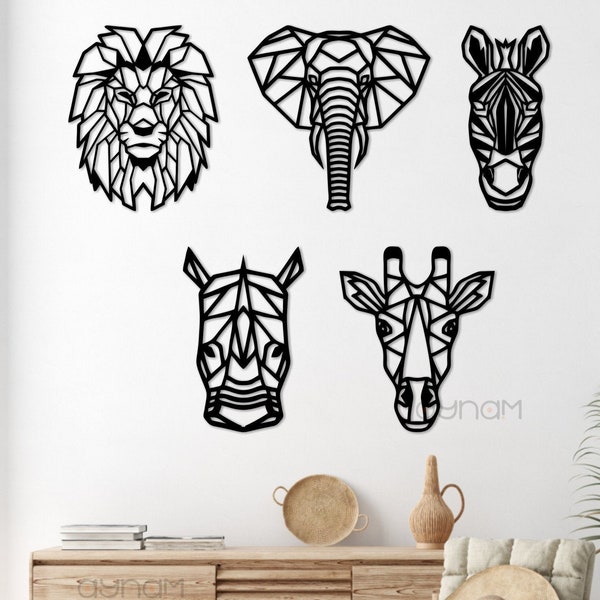 Wooden SAFARI Animal Geometric Wall Art Pack, Set of 5, Decoration for Bedrooms, Living Rooms, Nursery Wall Art Decor, Baby Room Decor
