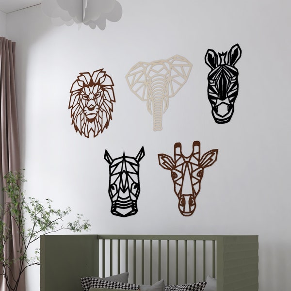 Décoration murale en bois 5 pièces animaux de safari, art mural géométrique, animaux géométriques, lion, rhinocéros, zèbre, éléphant, girafe, décoration murale pour chambre d'enfant