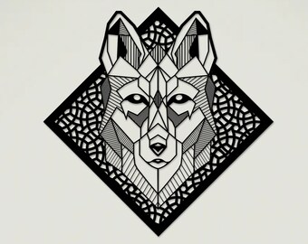 Arte de pared geométrico de lobo: decoración moderna de animales de madera