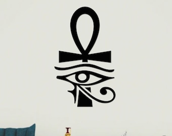 Arte mural de madera con Ankh y el Ojo de Horus: Decoración con símbolos geométricos