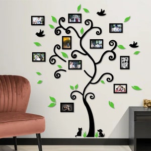 Green Leaf and Framed Family Tree Wall Decor, Personalized Family Tree with Photo Frames