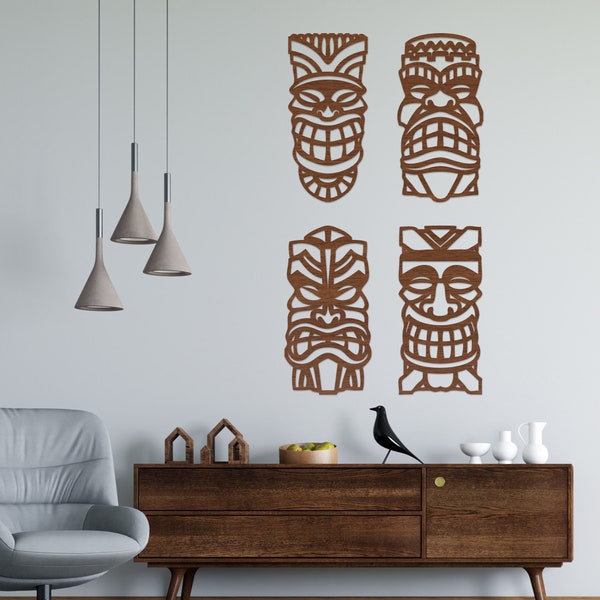 4 Panel Tribal African Mask Wood Wall Art, Preppy Wood Wall Decor, Home Decoration, African Wall Decor Hangings