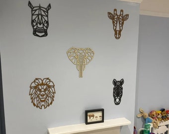 Safari Animals 5 Pieces Wooden Wall Decor, Geometric Wall Art, Geometric Animals, Lion, Rhino, Zebra, Elephant, Giraffe, Nursery Wall Decor