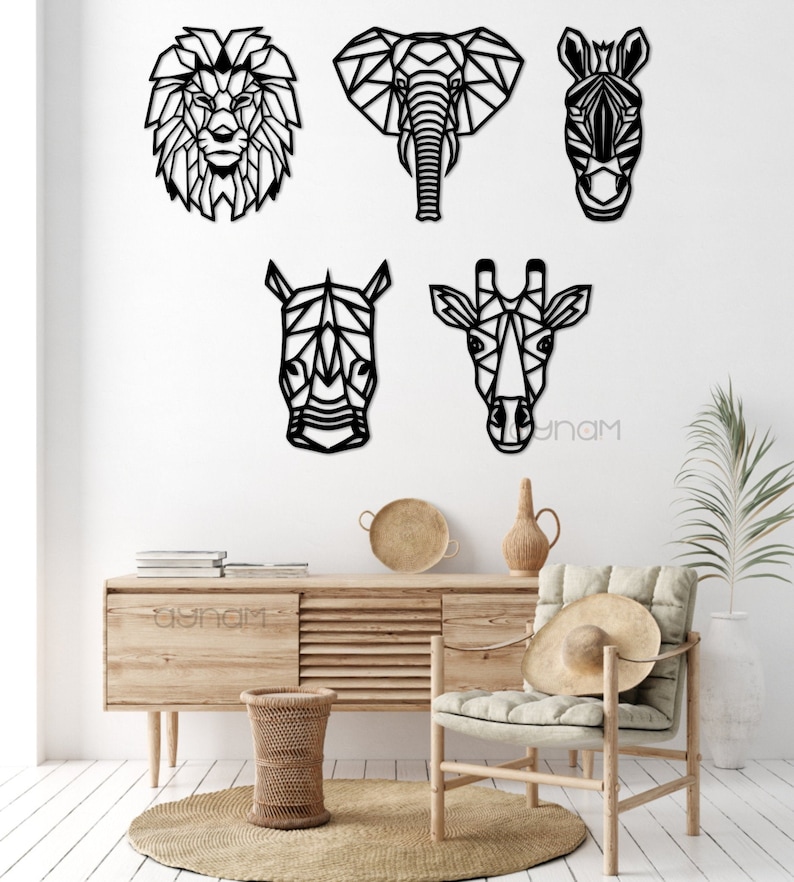 Wooden SAFARI Animal Geometric Wall Art Pack Set of 5 Etsy