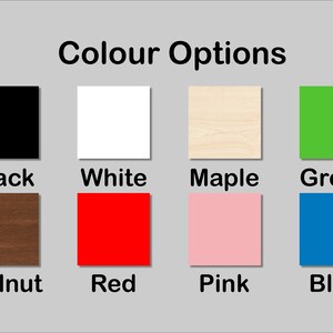May include: Color options for a product, including black, white, maple, green, walnut, red, pink, and blue.