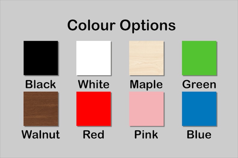 May include: Color options for a product, including black, white, maple, green, walnut, red, pink, and blue.