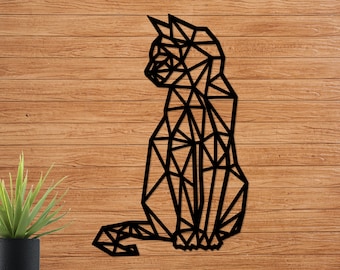 Geometric Cat Wall Decor: Laser Cut Wooden Animal Art