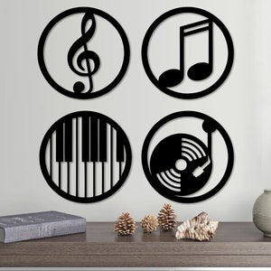 Musical Set of 4 Wood Wall Art, Musician Room Wall Hanging, Treble Clef, Piano, Wood Record and Musical Note Wall Decor, Gift For Musicians