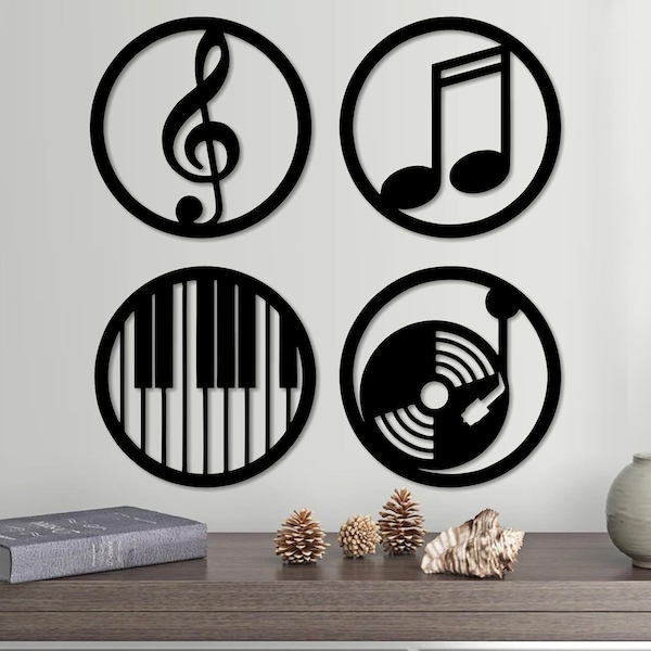 Ensemble musical de 4 décorations murales en bois, suspension murale pour salle de musicien, clé de sol, piano, disque en bois et décor mural de note de musique, cadeau pour les musiciens