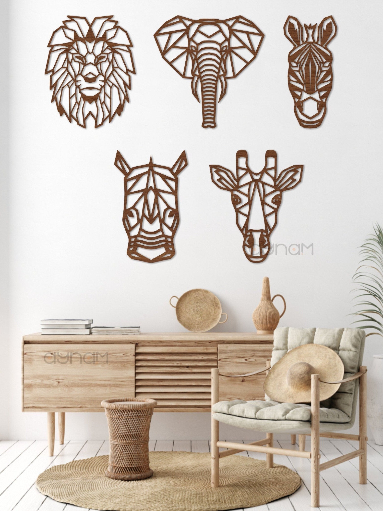 Wooden SAFARI Animal Geometric Wall Art Pack, Set of 5, Decoration