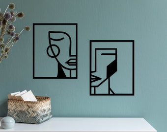 Arte lineal de rostros abstractos: decoración minimalista de pared de madera