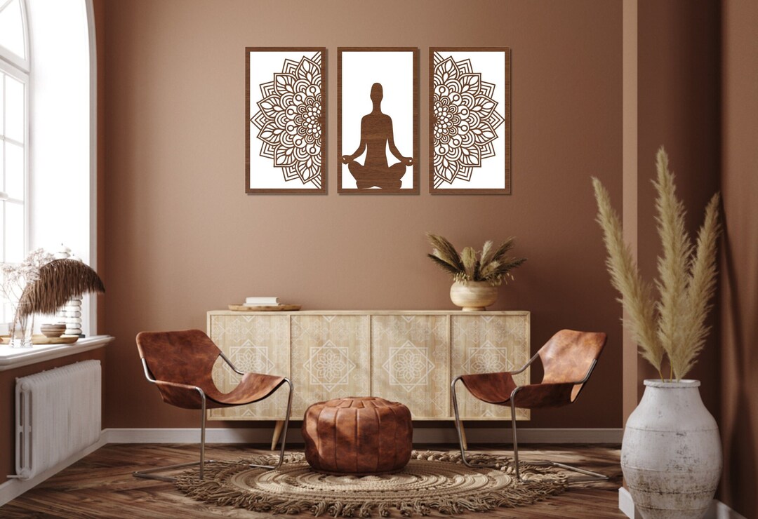 Set of 3 Yoga Room Decor Wooden Mandala Wall Art Meditation Yoga Poses