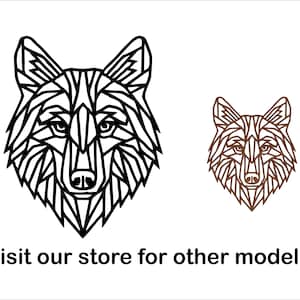 May include: A black and white geometric line art illustration of a wolf's head. The wolf's head is facing forward with its mouth closed. The illustration is in a minimalist style. Visit our store for other models.