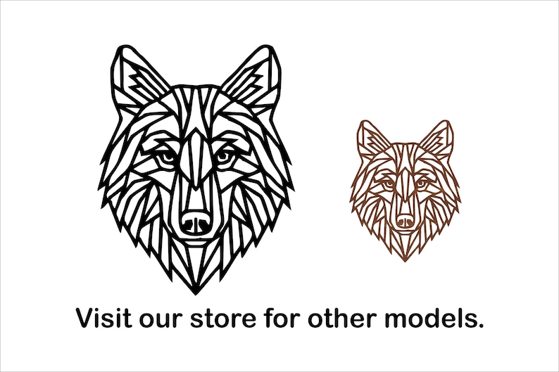 May include: A black and white geometric line art illustration of a wolf's head. The wolf's head is facing forward with its mouth closed. The illustration is in a minimalist style. Visit our store for other models.