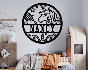 Letrero con nombre de unicornio, colgador de puerta o pared con temática de fantasía, decoración de pared para habitación infantil