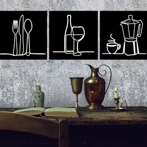 Kitchen Wall Decor, Fork Spoon Knife Cooking Wall Art, Cup and Goblet Dining Room Decor Art, Set of 3 Frames