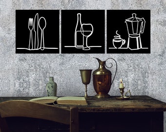 Decoración de pared de cocina: Tenedor, Cuchara, Vino, Café - Juego de 3 marcos