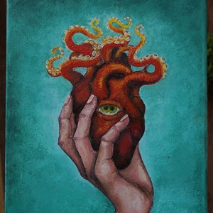 Oriental Heart of flame Demon gothic oil painting, Lovecraft Cthulhu unique mystical artwork, contemporary horror painting, watching heart