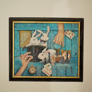 Alice no País das Maravilhas Mad tea party pintura a óleo original, arte mística única, arte contemporânea de coelho branco, Através do Espelho