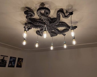 Lovecraft art chandelier, Octopus kraken tentacle Cthulhu unique fantasy, Victorian gothic vintage designer lighting, industrial loft style