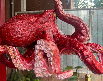 Lovecraft art chandelier, Octopus kraken tentacle Cthulhu unique fantasy, red tentacle vintage designer lighting, industrial loft style
