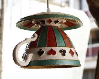 Whimsical Teacup pendant chandelier White rabbit Kitchen curcus lighting Alice in wonderland decor Farmhouse Harlequin ceiling lighting