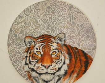 Talismanic manchurianTiger Japanese Eclectic Round canvas tiger oil painting oriental style, whimsical animalistic art