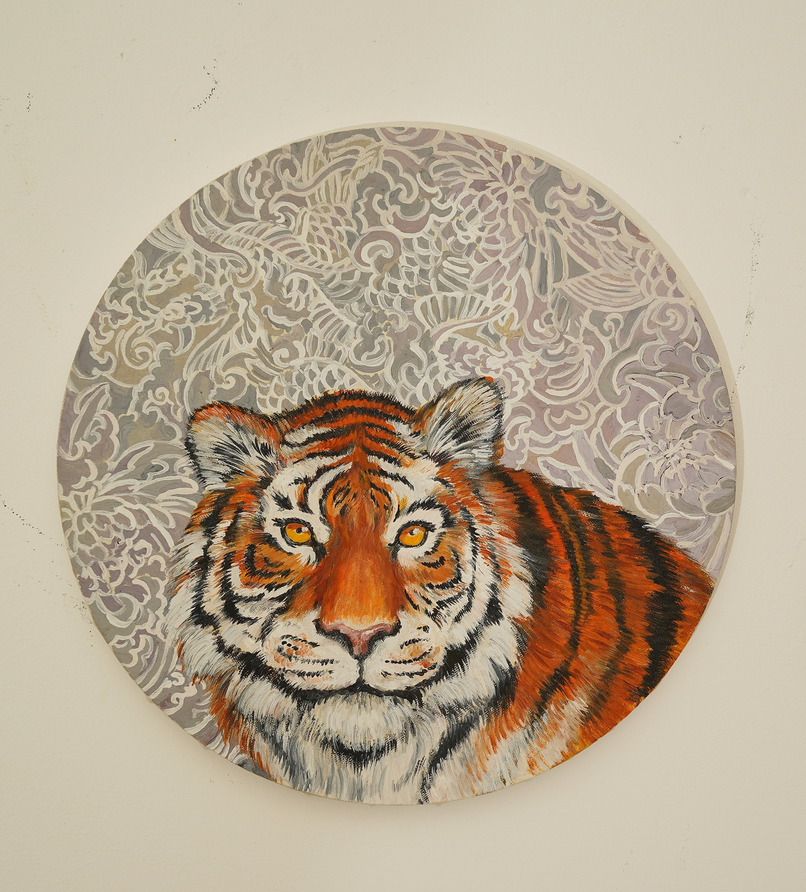 Talismanic manchurianTiger Japanese Eclectic Round canvas tiger oil painting oriental style, whimsical animalistic art