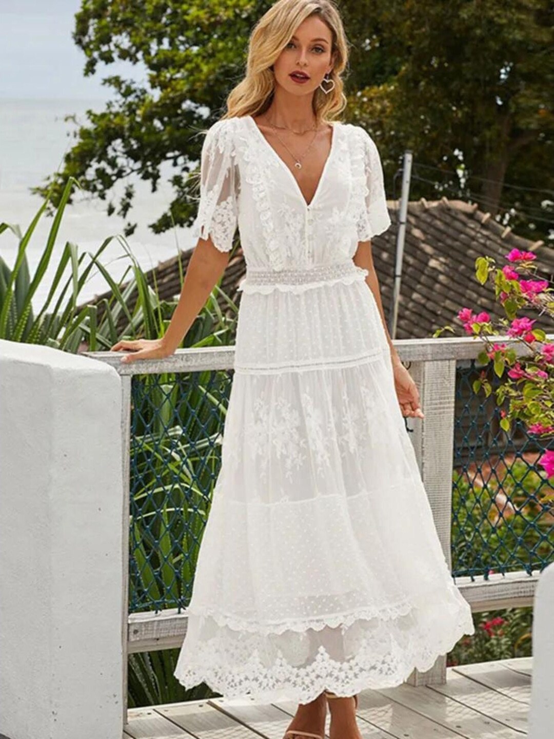 White Bohemian Wedding Dress Floral Lace Dress V-neck Long - Etsy