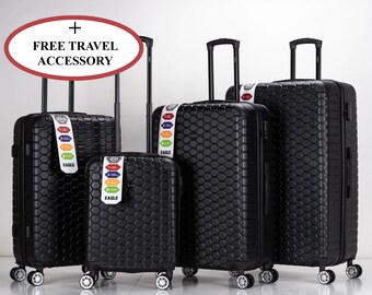 Hexagon ABS Hard Shell Suitcase with 4 Spinner Wheels Travel Luggage Black