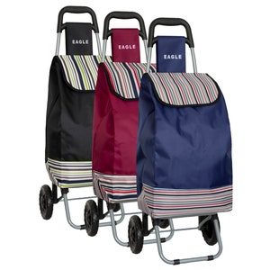 Carrito de compras plegable resistente con ruedas y diseño de rayas