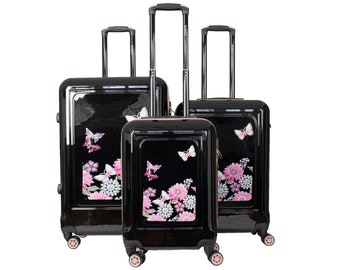 Hard Shell Suitcase With Combination Lock 4 Wheel Flower Pattern Black