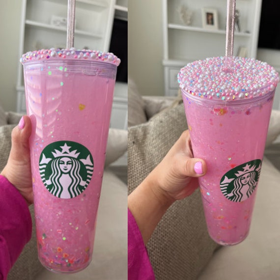 Pink Bling/pearl Snowglobe Tumbler With Clay Valentines Day Conversation  Hearts, Venti Snowglobe Valentine's Day Hearts 