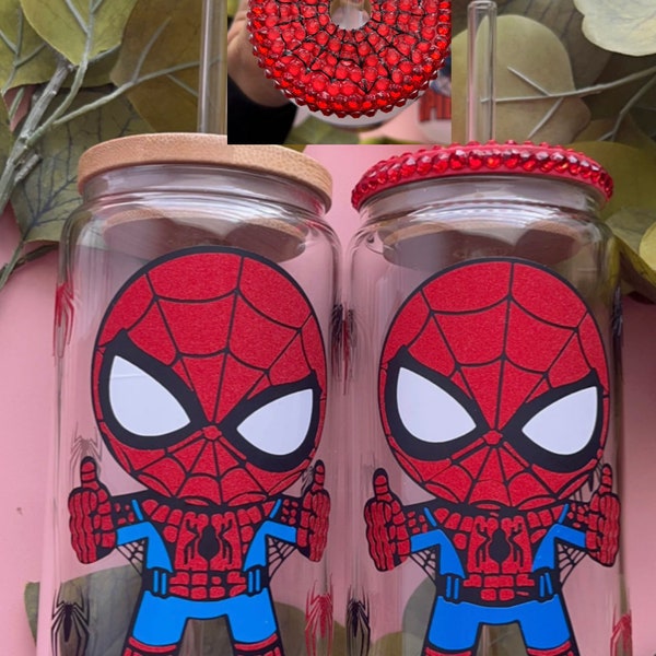 Spiderman glass cup/ Red shimmer Spider-Man tumbler/ Marvel bling lid libbey cup