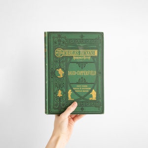 1870s "David Copperfield" by Charles Dickens, "Household Edition" w Victorian Engravings | An Antique Book with Green & Gold Gilded Cover