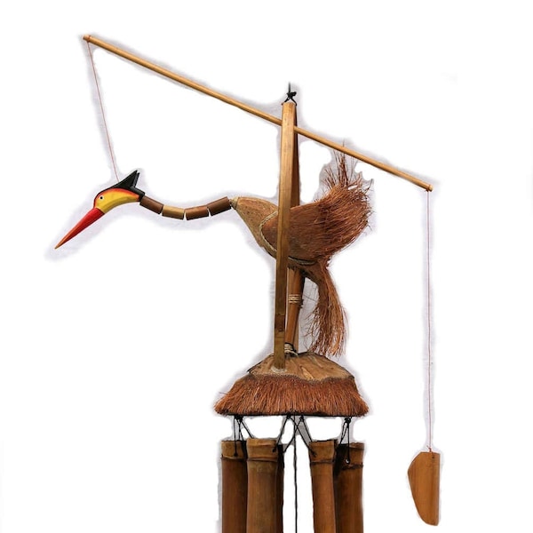 Windspiel aus Bambus / Kokosnuss mit beweglichem Vogel 135 cm