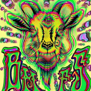 May include: A psychedelic digital art print featuring a goat's head with multiple eyes and colorful, neon accents. The word "Baph" is written in a stylized font below the goat's head, with a yellow background.