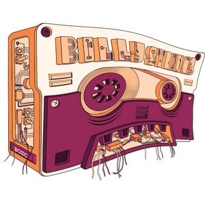 Può includere: Un'illustrazione stilizzata di una cassetta con il testo "BOLLY STRINGS" e "BOZC" visibile. Il design presenta una sezione superiore color crema, una sezione inferiore viola scuro ed elementi di circuito esposti con fili sottili pendenti.