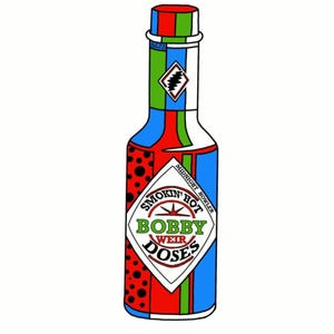 May include: A colorful hot sauce bottle with a unique design. The bottle features a red, blue, green, and white color scheme with the text "Smokin' Hot Bobby Weir Doses". The bottle has a diamond-shaped label with the text "Midnight Howler".