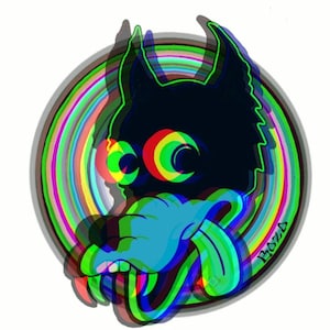 May include: A vibrant cartoon illustration featuring a black creature with large, colourful eyes and a blue tongue. The design is set against a swirling rainbow background. The artist's signature "BOZA" is visible.